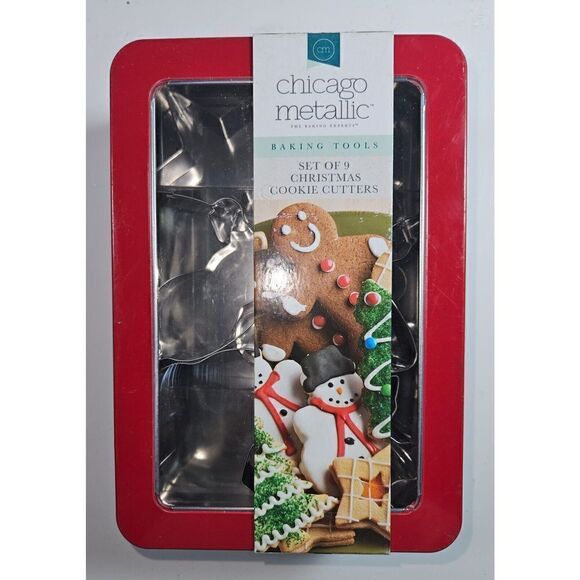 Chicago Metallic 9 Cookie Cutters & Gift Tin Candy Cane Tree Angel Snowman Star - Picture 1 of 4